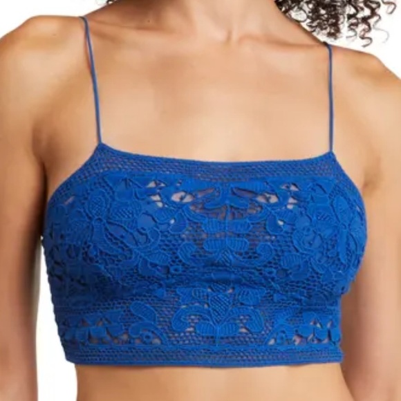 Free People Other - NEW Free People Bralette Womens Medium Blue Embroidered Lace Floral Smocked NWOT